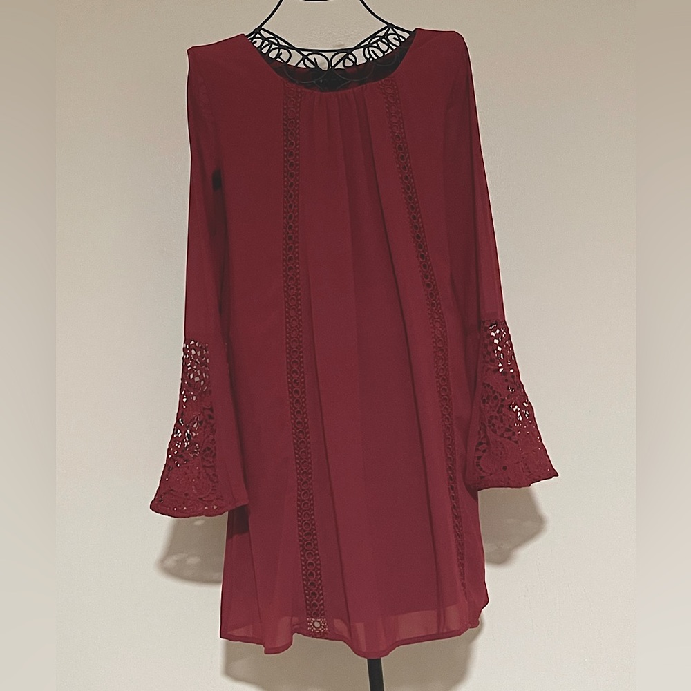 Wine colored dress with flare long sleeves